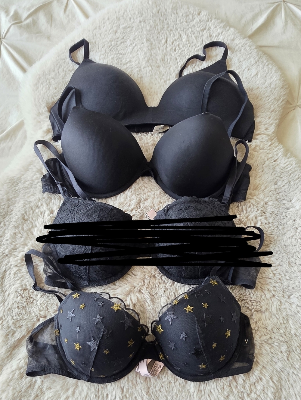 3 Victoria’s Secret & Pink Black Bra Bundle Lace T-Shirt Wireless, Calvin Klein
